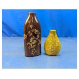(2) Floral Wooden Vases ï¿½ Brown & Green