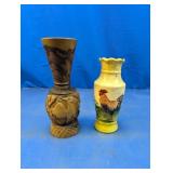 (2) Vases ï¿½ Carved Wood & Ceramic Rooster