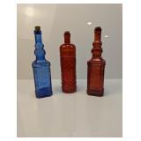 (3) Colored Glass Bottles with Cork Stoppers