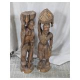 (2) Wooden Figurines Male & Female w/ Baskets