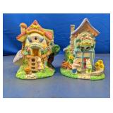 (2) Mini Bunny Cottage Figurines Basket Shop Bunny