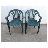 (2) Used Green Plastic Resin Outdoor Armchairs