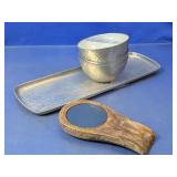(5) Metal Bowls, Tray & Wooden Spoon Rest