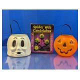 (3) Halloween Buckets & Spider Web Candelabra