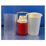 (3) Assorted Plastic Pitchers & Red Insulated Jug