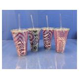 (4) Plastic Tumblers with Lids and Straws