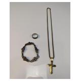 (3) Mixed Jewelry: Cross Necklace, Ring