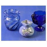 (3) Small Blue Glass & Ceramic Vases