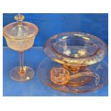 (5) Pink Etched Glass Serving Set