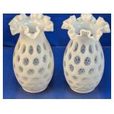 (2) Hobnail Ruffled Glass Vases