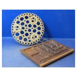(2) Wood Desk Organizer & Bamboo Trivet Duo