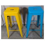 (2) Metal Bar Stools ï¿½ Yellow & Blue