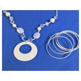 (1) White Beaded Necklace & Bangle Bracelet Set