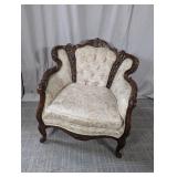 Vintage Carved Wood Tufted Accent Chair