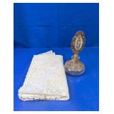 Ornate Glass Perfume Bottle & Lace Runner
