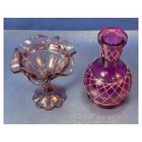 (2) Purple Art Glass Vase & Pedestal Bowl