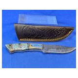 Damascus-Style Fixed Blade Knife, Blue Handle