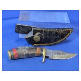 Damascus-Style Fixed Blade Knife, Brown Handle