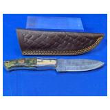 Damascus-Style Fixed Blade Knife, Green Handle
