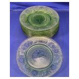 Green Pressed Glass Floral Dessert Plates Set