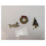 (3)Vintage Signed Christmas Brooch Pins Lot