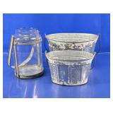 (3) Rustic Glass Lantern & Metal Bucket Set