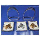 (5) Glass Horse Plates & Metal Stirrups Set