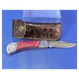 Damascus Steel Folding Knife with Pink Wood Inlay