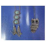 Boho Owl & Turquoise Statement Necklace Set