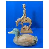 Wood Carved Cowboy on Horse and Duck Figures