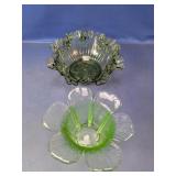 (2)Green Glass Floral Bowl & Tulip Vase Duo