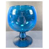 Mid-Century Blue Glass Pedestal Brandy Snifter