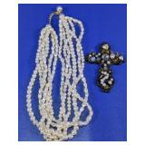 Pearl Necklace & Assemblage Cross Pendant