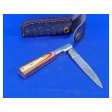 (1) Handcrafted Folding Damascus Knife w/ Sheath