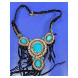 Bohemian Faux Turquoise&Tassel Statement Necklace