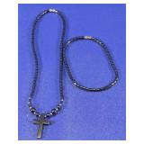 Hematite Bead Cross Necklace and Bracelet Set