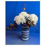 Blue Mosaic Glass Vase w/ Faux Floral Arrangement