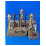 (3) Wooden Figurine Desk Organizer Set