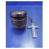 Vintage Style Embossed Metal Urn and Cross