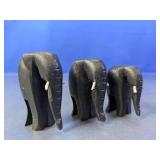 (3) Hand-Carved Wooden Elephant Figurines Set