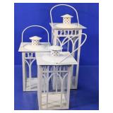 White Metal Lanterns with Handles Set of Three