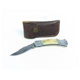 Engraved Damascus Steel Bone Folding Knife