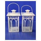 White Metal and Glass Lantern Candle Holders