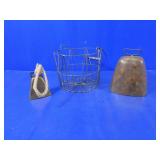 (3)Rustic Metal Cowbells & Wire Basket Trio
