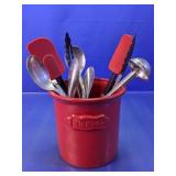 Assorted Kitchen Utensils w/ Red Utensil Crock
