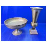 (2) Decorative Metal Pedestal Vase & Bowl