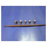 Vintage Thimbles and Wooden Crochet Hook Set