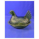 (1) Green Glass Hen Covered Dish