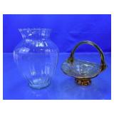 (2)Clear Ribbed Vase & Amber Glass Basket Duo