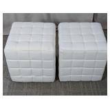 (2) White Leather Cube Ottomans